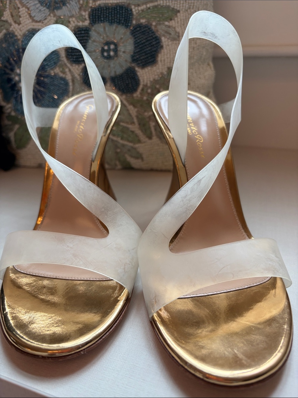 Gianvito Rossi White Strap Sandals with Gold Footbed